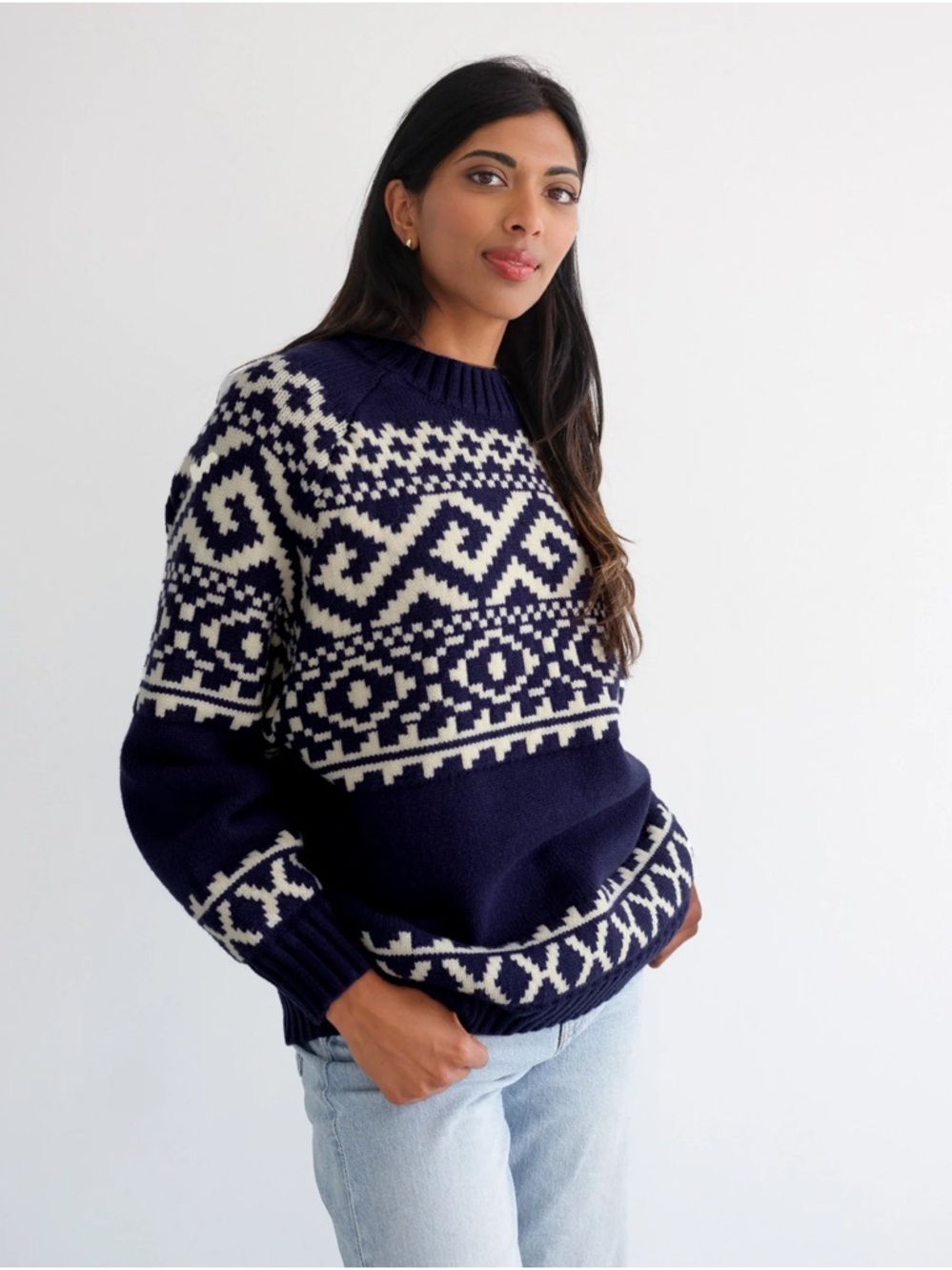 BNWT Brunette The Label Navy and Cream Fair Isle Crew Sweater S/M